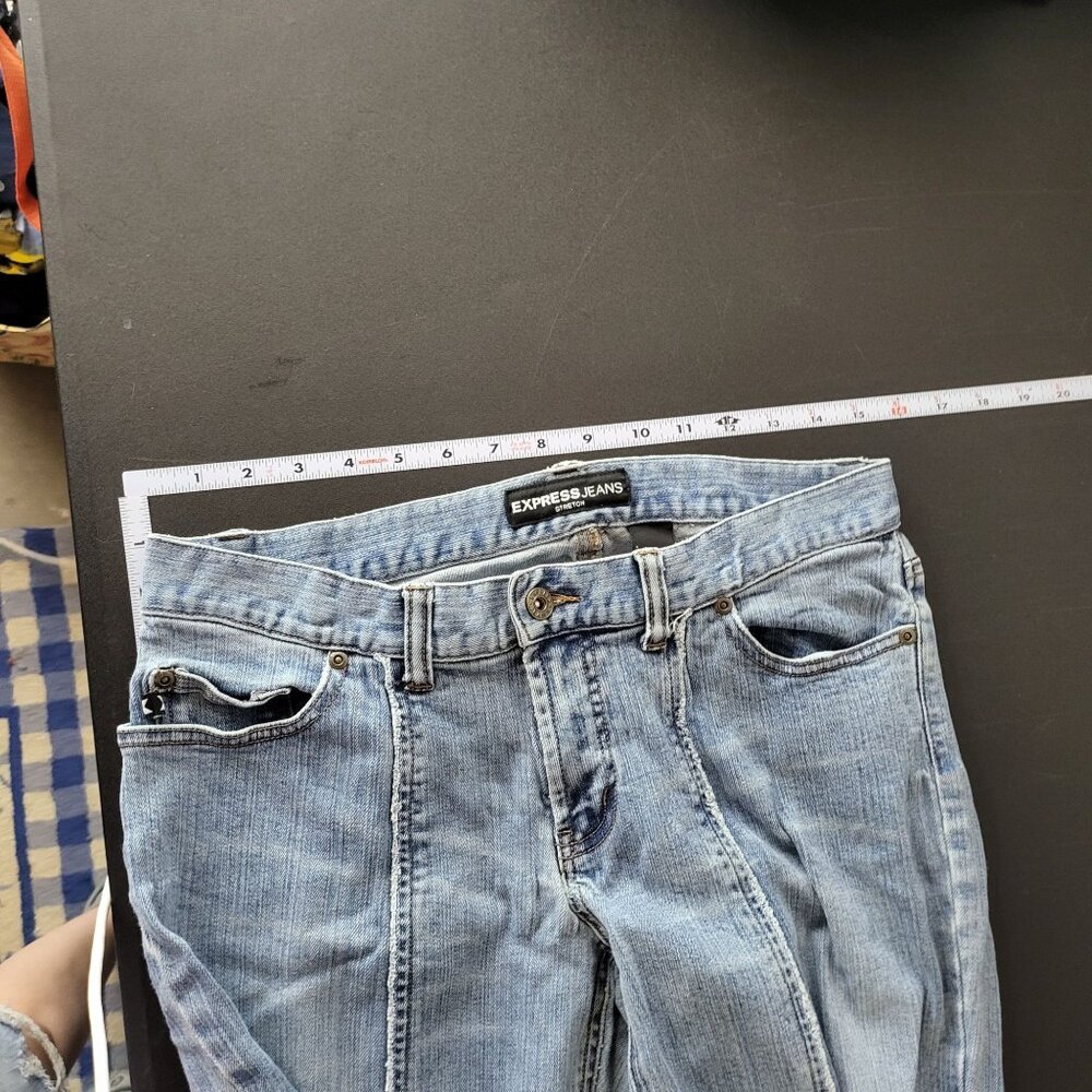 Express Womens Pleated Denim Blue Jeans 9/10‎ Y2K 2000s Grunge Retro Stretch - Picture 5 of 11